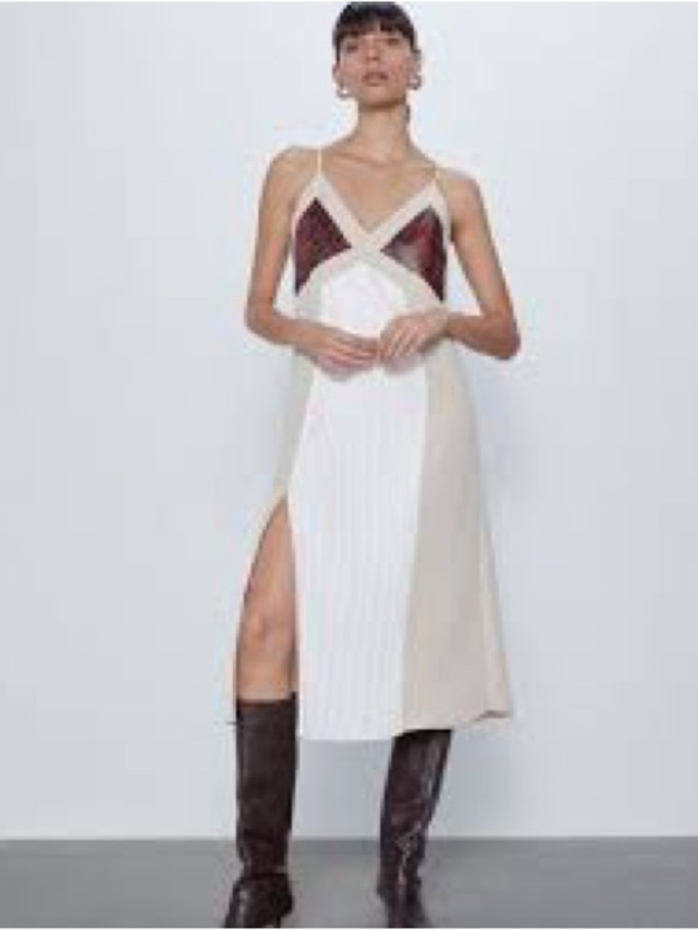 Zara Contrast-Panel Midi Slip Dress in White, Beige & Burgundy